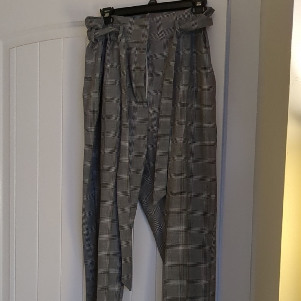 Plaid High-Waisted Tie Pants